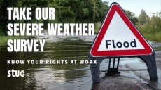 a road sign warning for flood with text saying "take our severe weather survey"